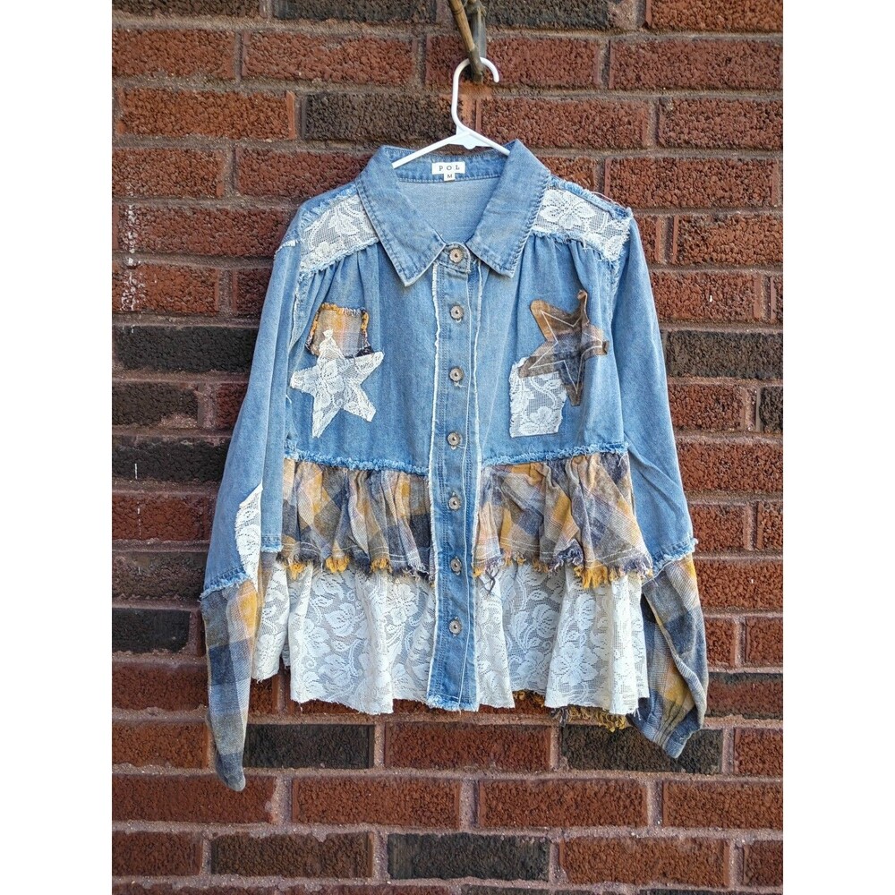 Pol Women's Denim Patchwork Top Flannel Size Medium Lace Western Boho Whimsical